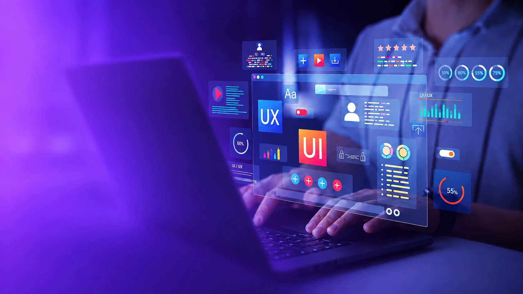 Persona diseñando una interfaz web en un portátil con paneles flotantes de UX y UI.