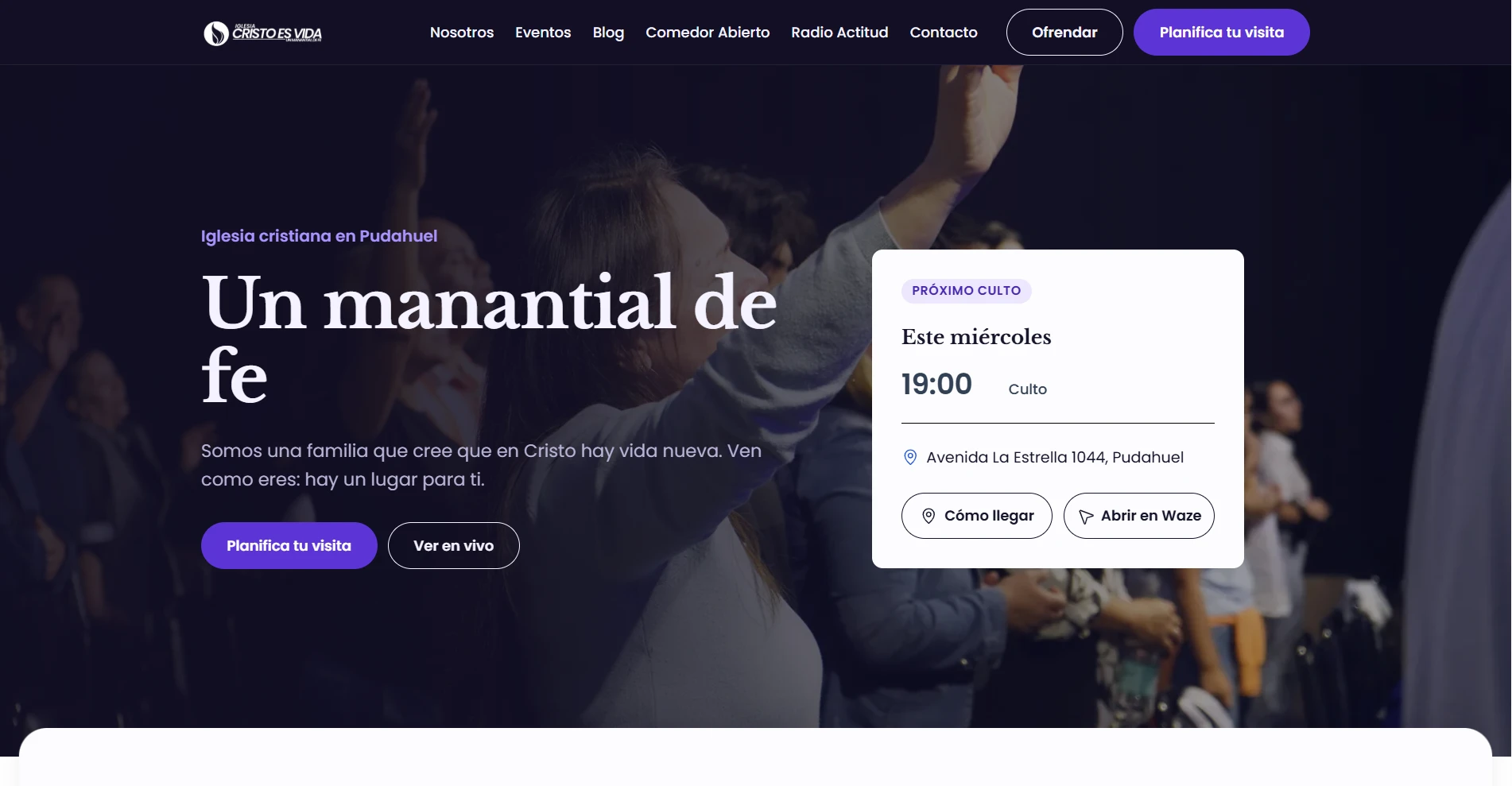 Sitio web de Iglesia Cristo Es Vida: iglesia cristiana en Pudahuel, con el horario del próximo culto